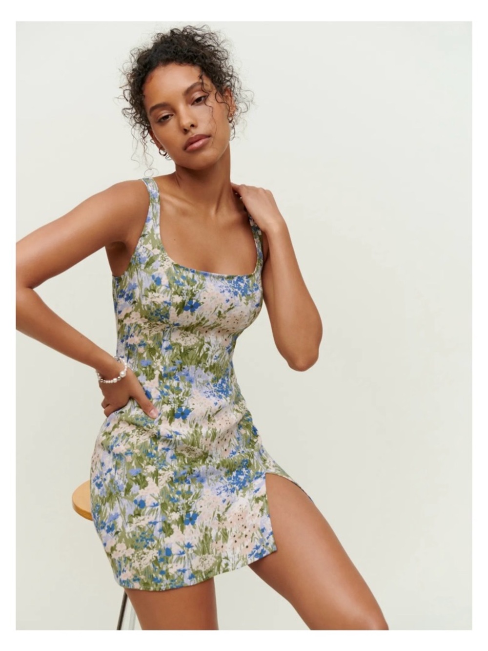 Reformation Floral Square-Neck Mini Dress in Blue and Green